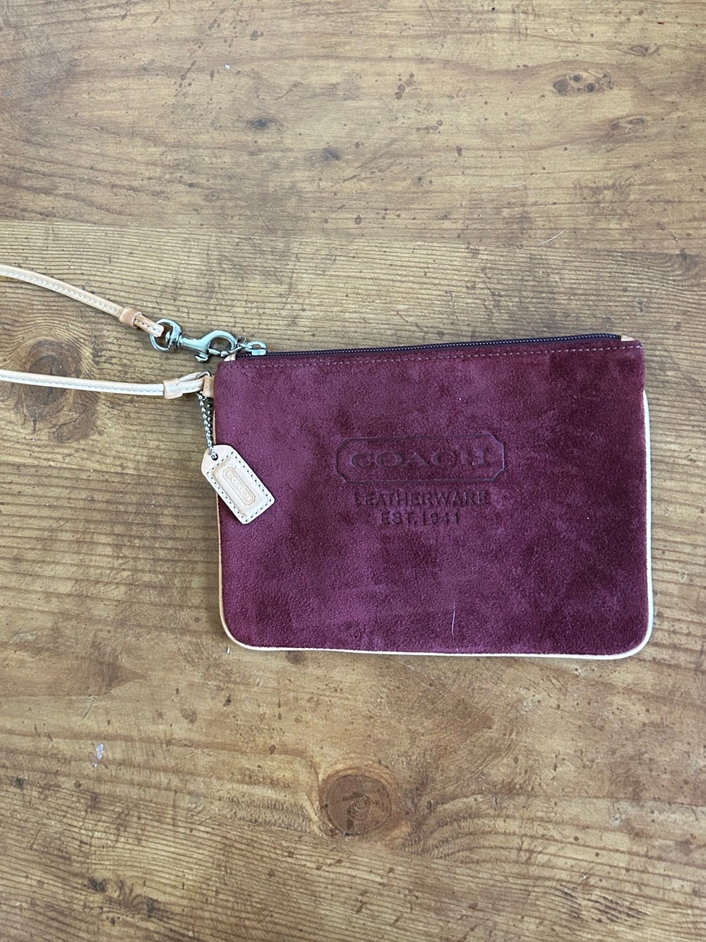 Coach Burgundy and Tan Suede Wristlet Pouch